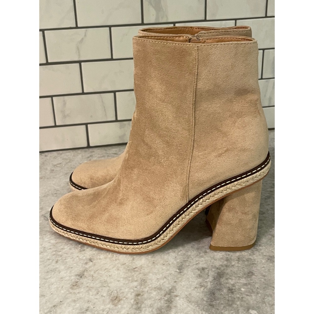 Mi.iM Ankle Boots Women 9 Tan Suede Block Heel Espadrille Trim Square Toe Zip - Picture 3 of 9